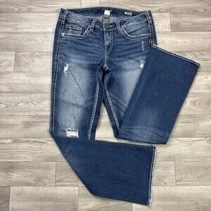 Silver Jeans Twisted Bootcut Denim Jeans Distressed Dark Wash sz 14